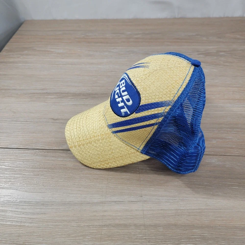 Bud Light Hat Beer Straw Trucker Cap Adjustable Blue Tan - Picture 4 of 8